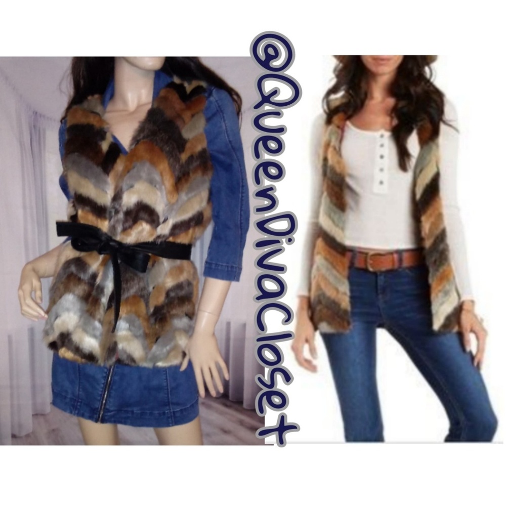 Tan grey brown chevron faux fur belted vest jacket - Picture 3 of 6